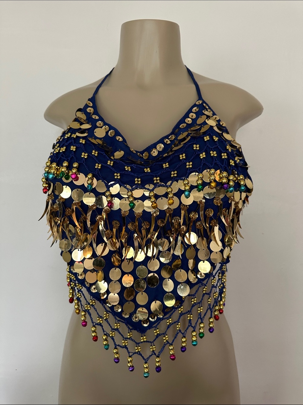 Sequin Fringe Halter Crop Top - Navy /Gold Accents